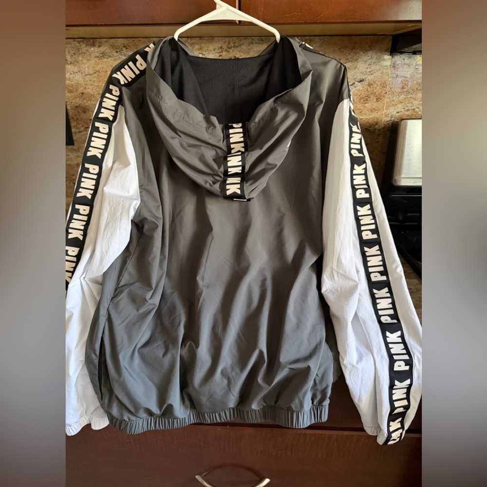 PINK Victoria's Secret Gray Hooded Windbreaker Jacket. - Picture 2 of 4